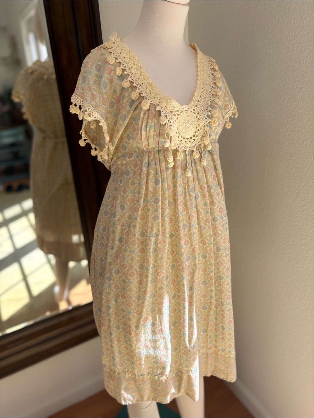 Twin-Set Cream and Pastel Floral Crochet-Trim Dress